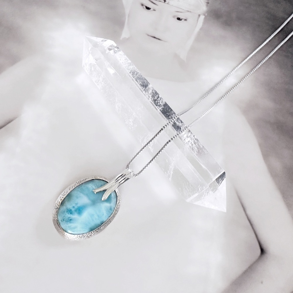 Silver Larimar Oval Pendant Necklace - Blue Stone